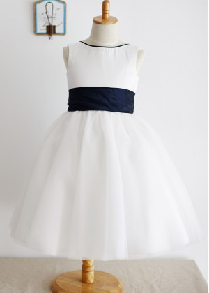 Ivory Satin Tulle Deep V Back Knee Length Flower Girl Dress 